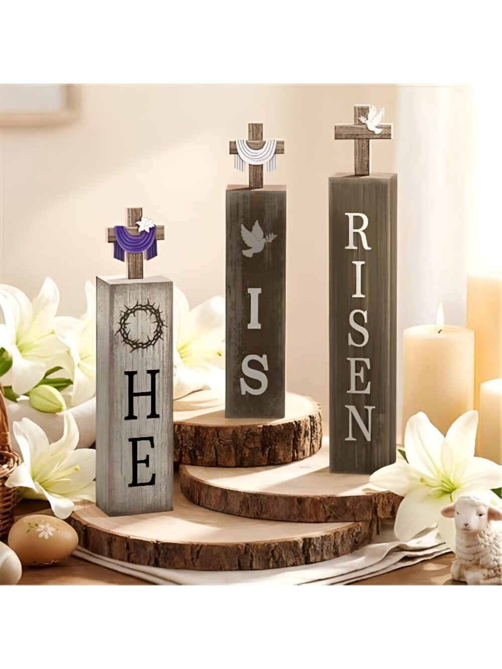 3 Pcs Easter Table Decorations Wooden Cross He is Risen Block Sign
